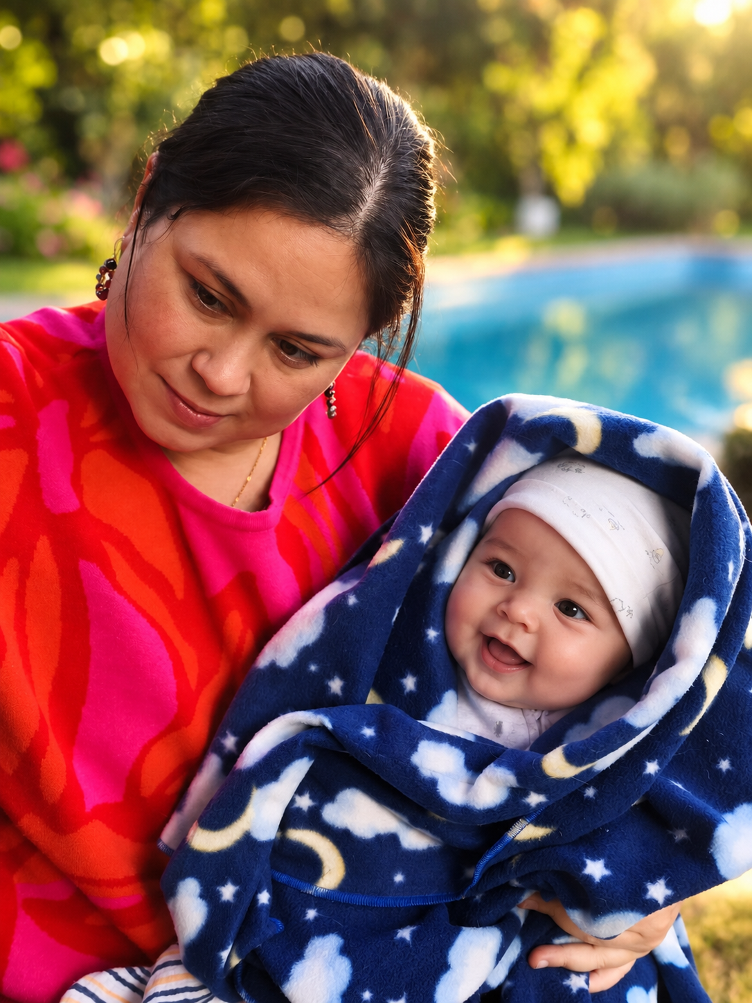 Pilar Oda Moreno junto a su bebé, al aire libre